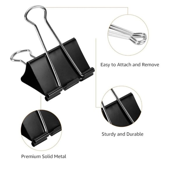 Black Binder Clips 145 Sheets Capacity Premium Solid Metal Easy To Attach & Remo - Picture 1 of 4